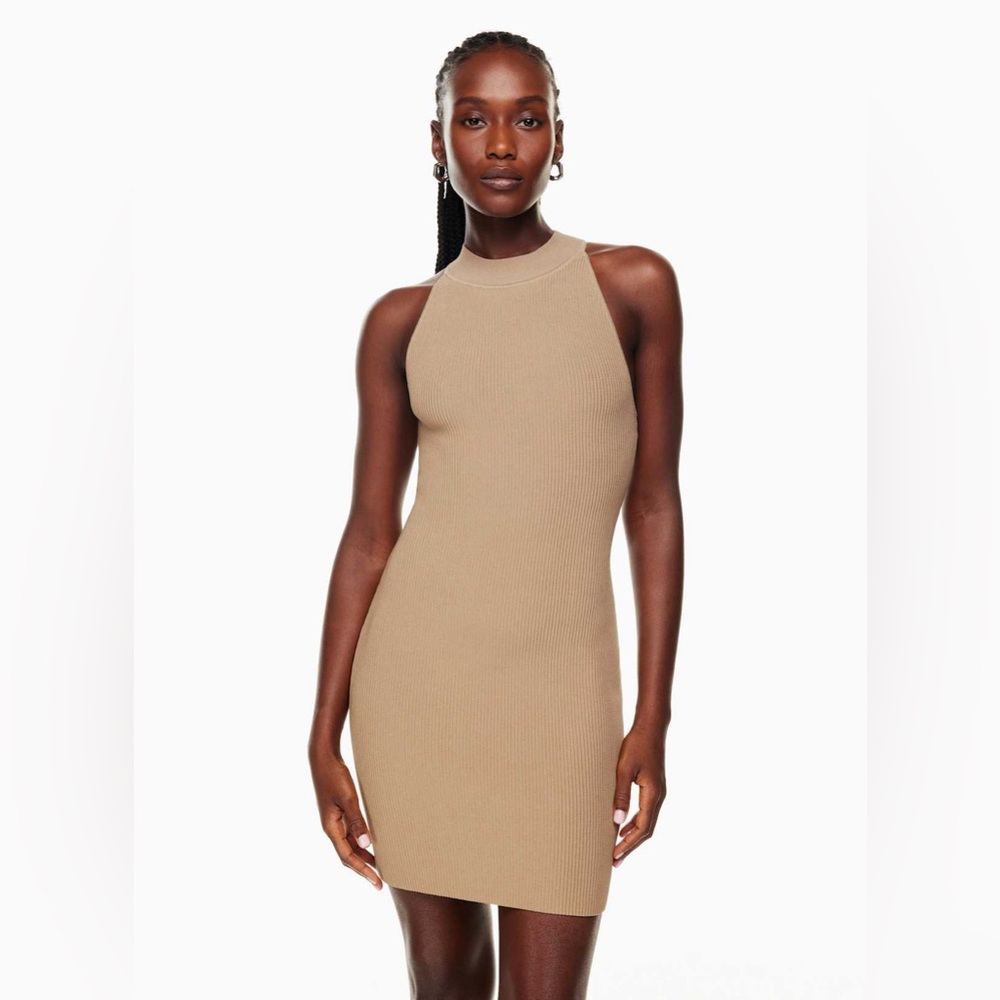 Aritzia Babaton Tan Ribbed Knit‎ Body Con Halter Mini Dress Sz. S